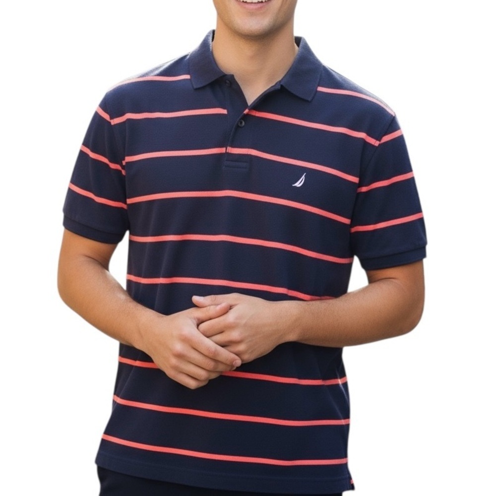 Nautica Navy and Coral Polo Short Sleeve Shirt Classic Striped Design | Size XL